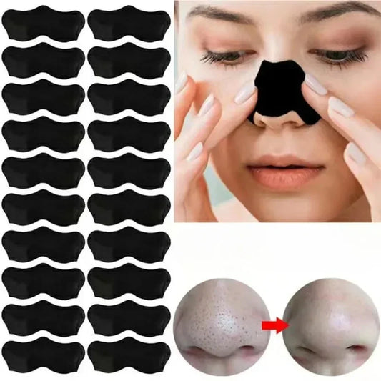 Blackhead removal pads with a woman applying them and before-and-after images of a nose.